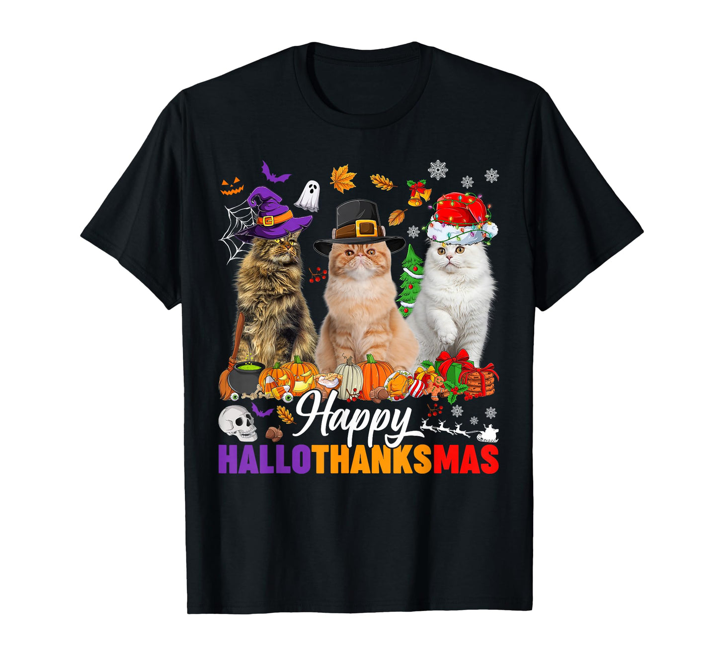 Happy Hallothanksmas Cats Halloween Thanksgiving Christmas T-Shirt