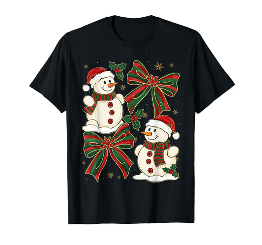 Christmas Snowman Coquette Bow Snowflake Girl Women Kid T-Shirt