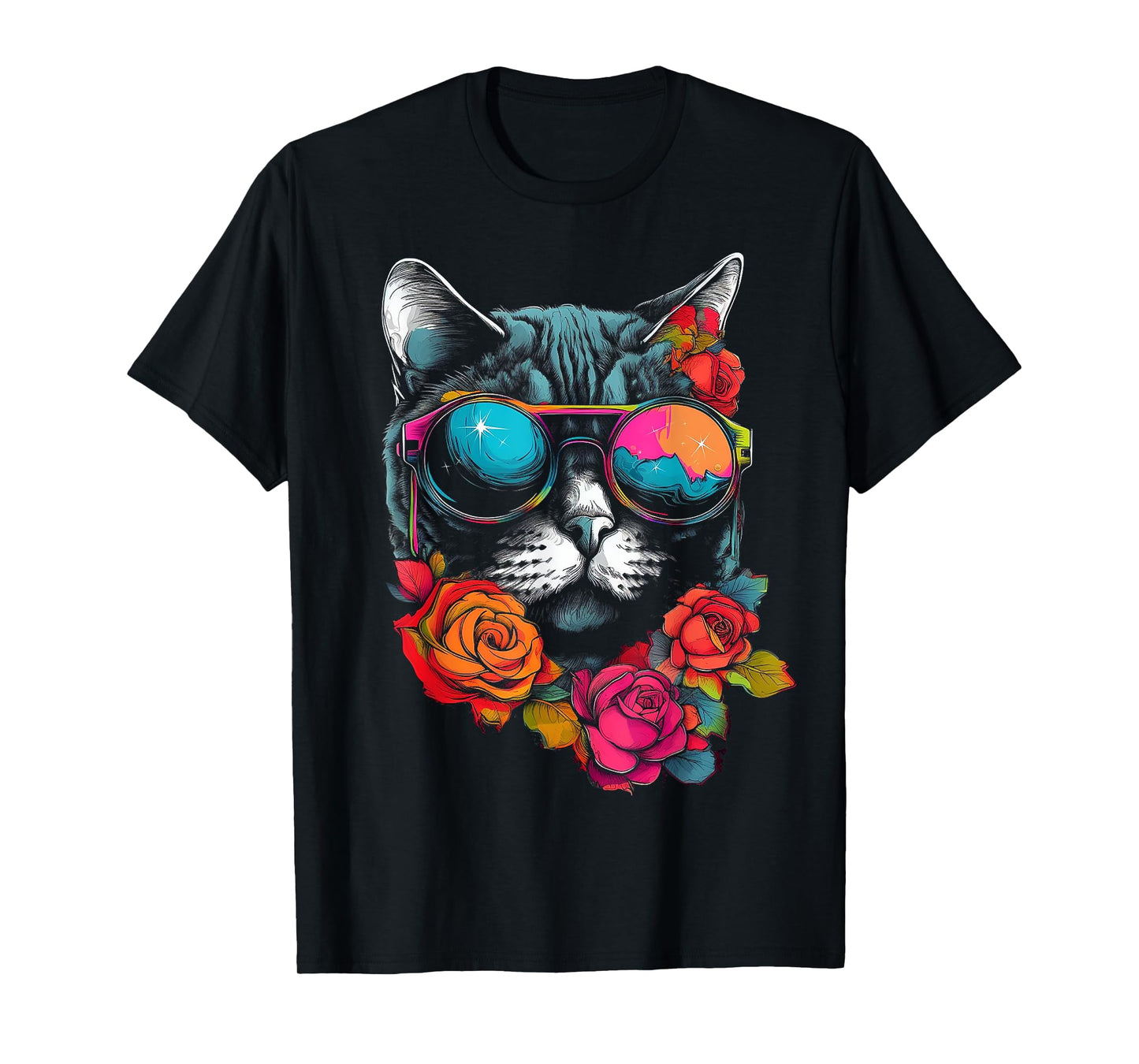 Cat Lover Artwork | Sunglasses Flower Animal Motif Cat T-Shirt
