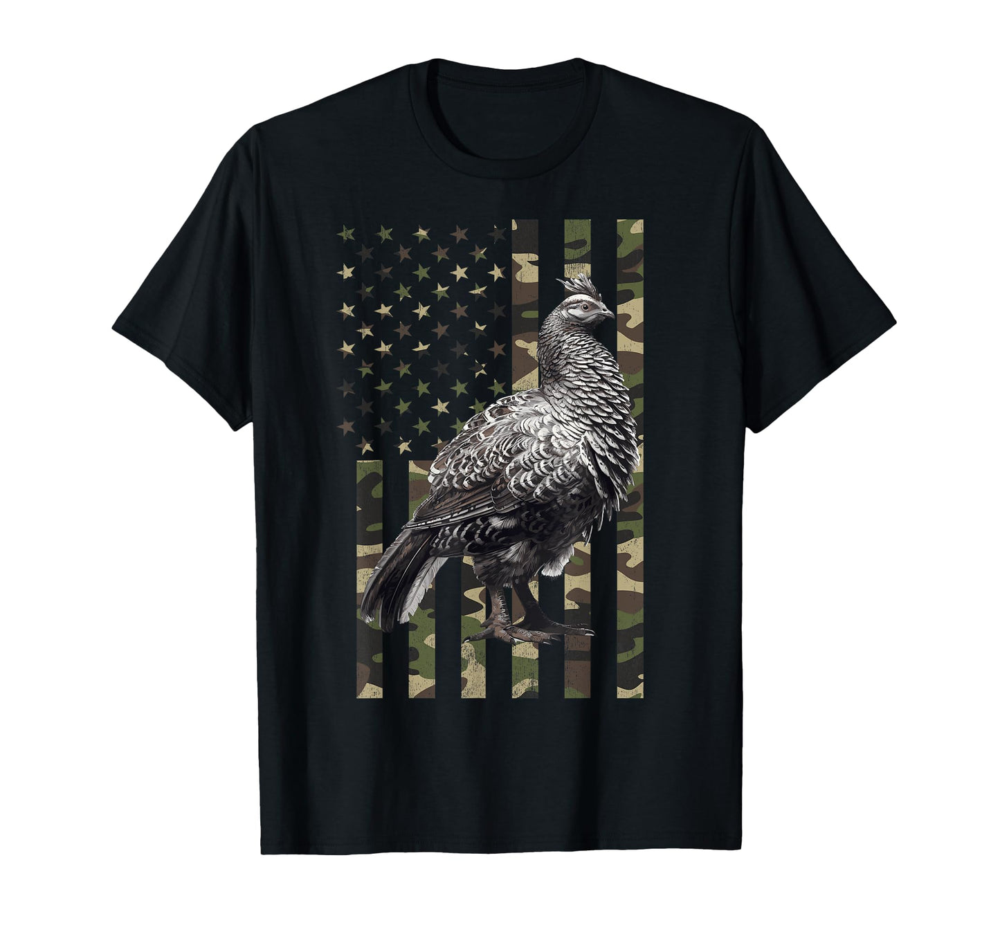 Grouse Hunting, Camo American Flag with a Grouse T-Shirt