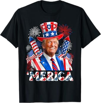 'MERICA TRUMP Happy 4th Of July Trump American Flag Funny T-Shirt