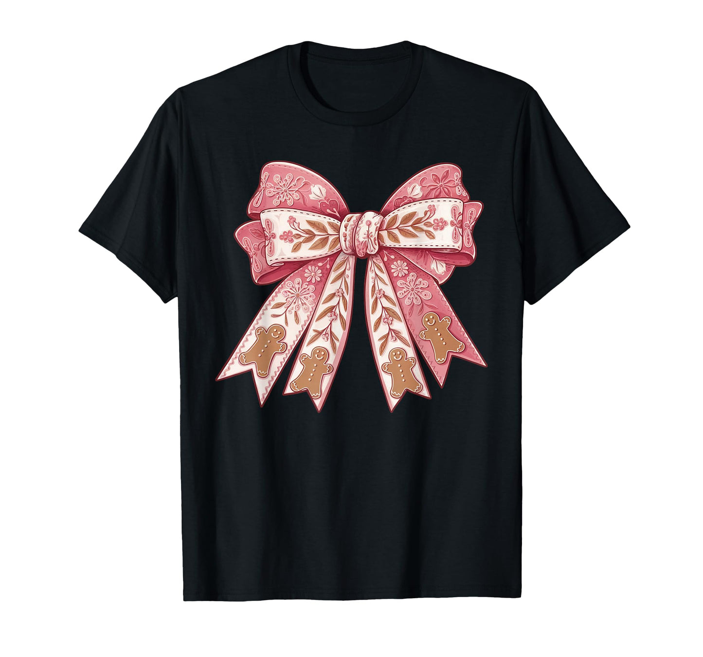 Pink Coquette Bow Christmas Gingerbread Man Girly Xmas Women T-Shirt