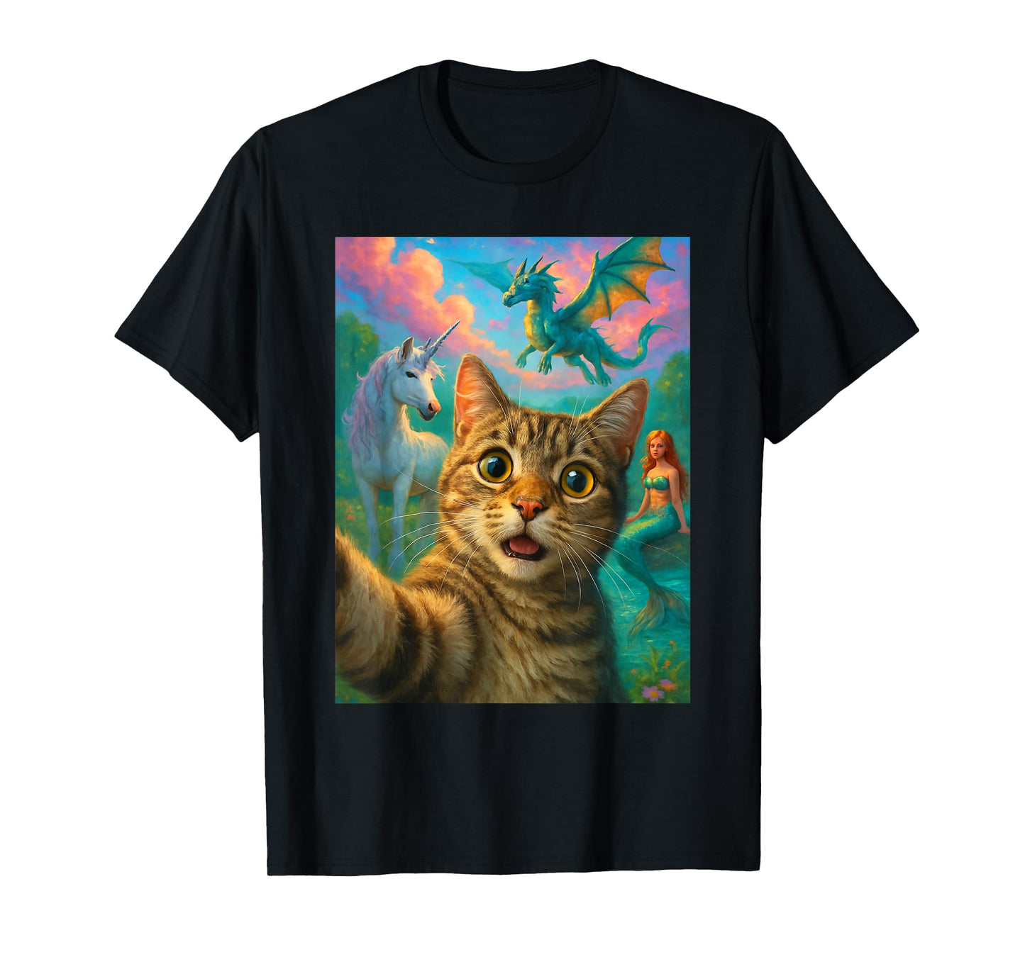 Cat Selfie with Mermaid Unicorn & Dragon Funny Meme T-Shirt