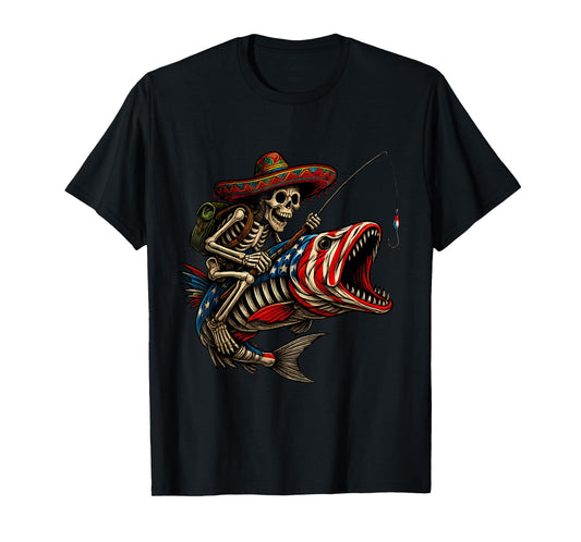 Fishing Mexican Sombrero Bass Fish Skull Skeleton Fisherman T-Shirt