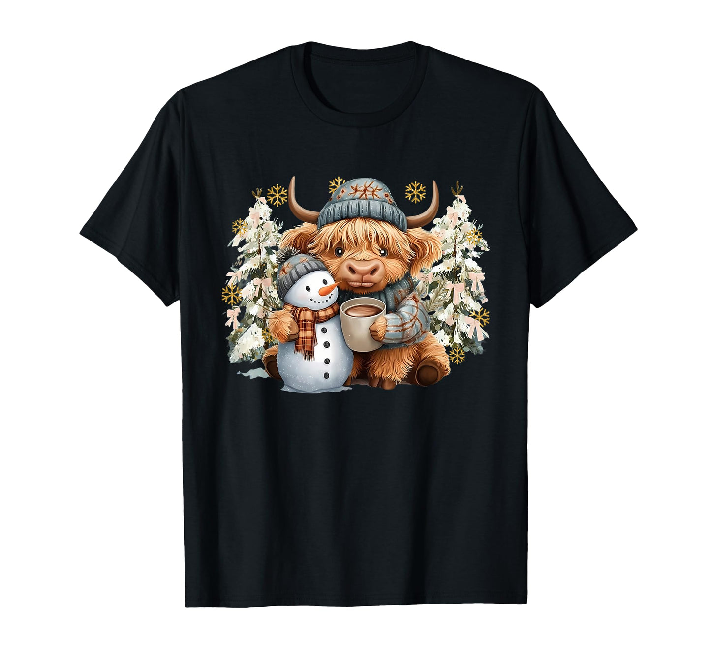 Cute Highland Cow with Snowman Hot Cocoa Christmas Trees T-Shirt
