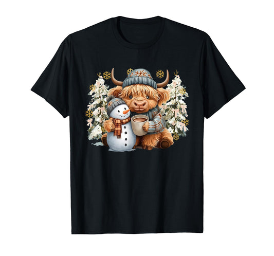 Cute Highland Cow with Snowman Hot Cocoa Christmas Trees T-Shirt