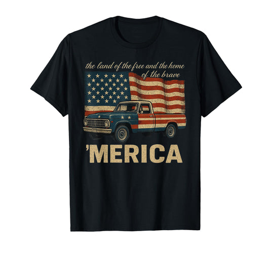 Vintage Classic Truck Merica American Flag USA 4th of July T-Shirt