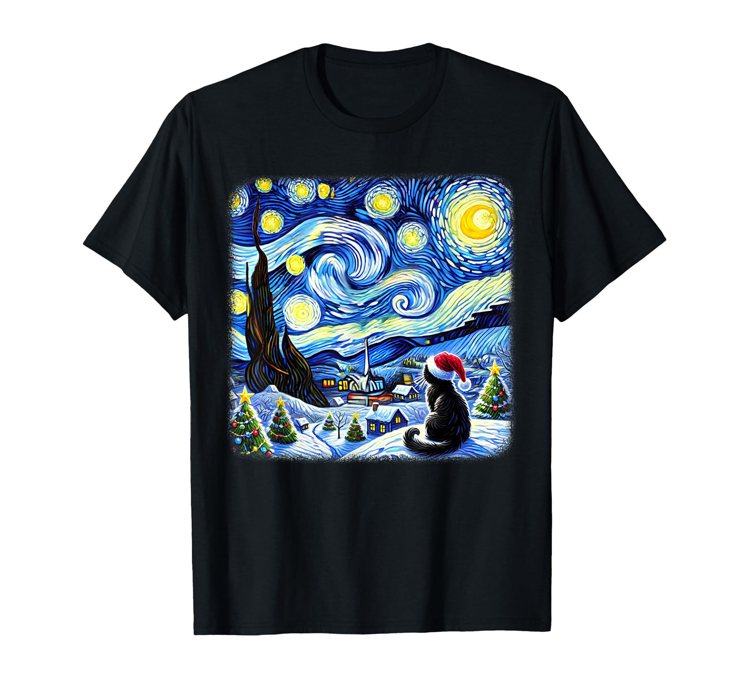 Christmas Van Gogh Starry Night Black Cat Santa Hat Xmas T-Shirt