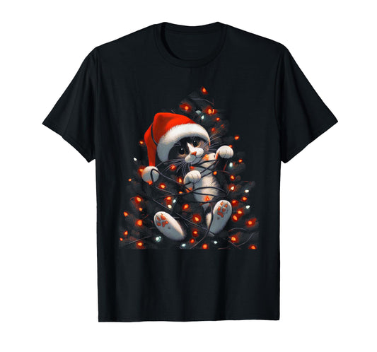 Cute Cat Tangled Up In Christmas Tree Lights Holiday T-Shirt
