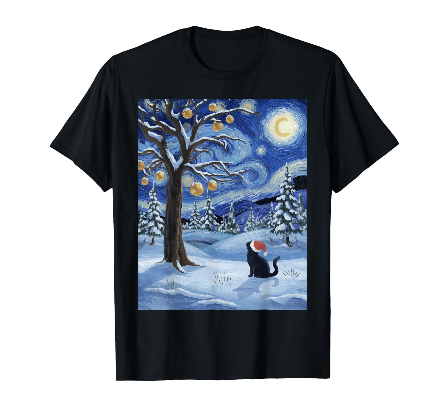 Starry Night Festive Christmas Cat Santa Winter Xmas T-Shirt for Men Women Kids