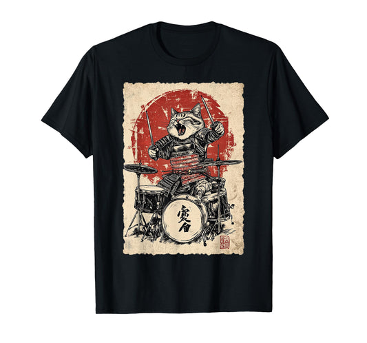Vintage Japanese Music Samurai Cat Playing on Drum for Kids T-Shirt