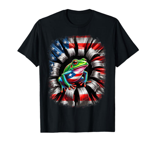 Boricua Puerto Rico Coqui Frog Rips Through American Flag T-Shirt