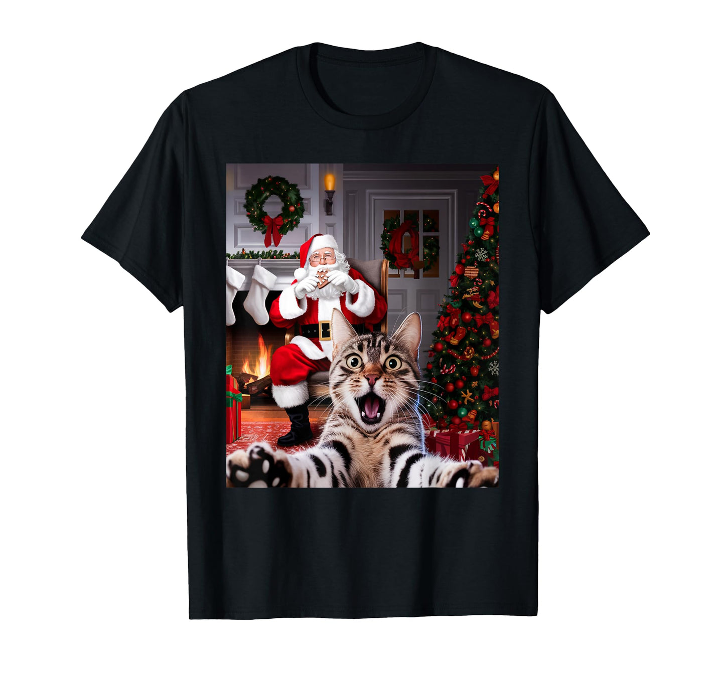 Christmas Funny Cat Selfie with Santa Claus Cute Holiday T-Shirt