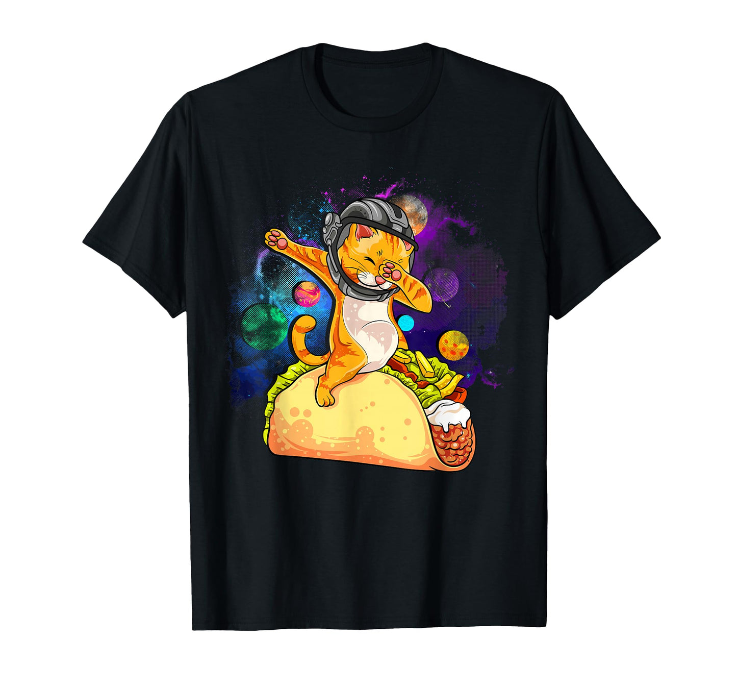 Funny Dabbing Cat Astronaut In Space Riding Taco T-Shirt