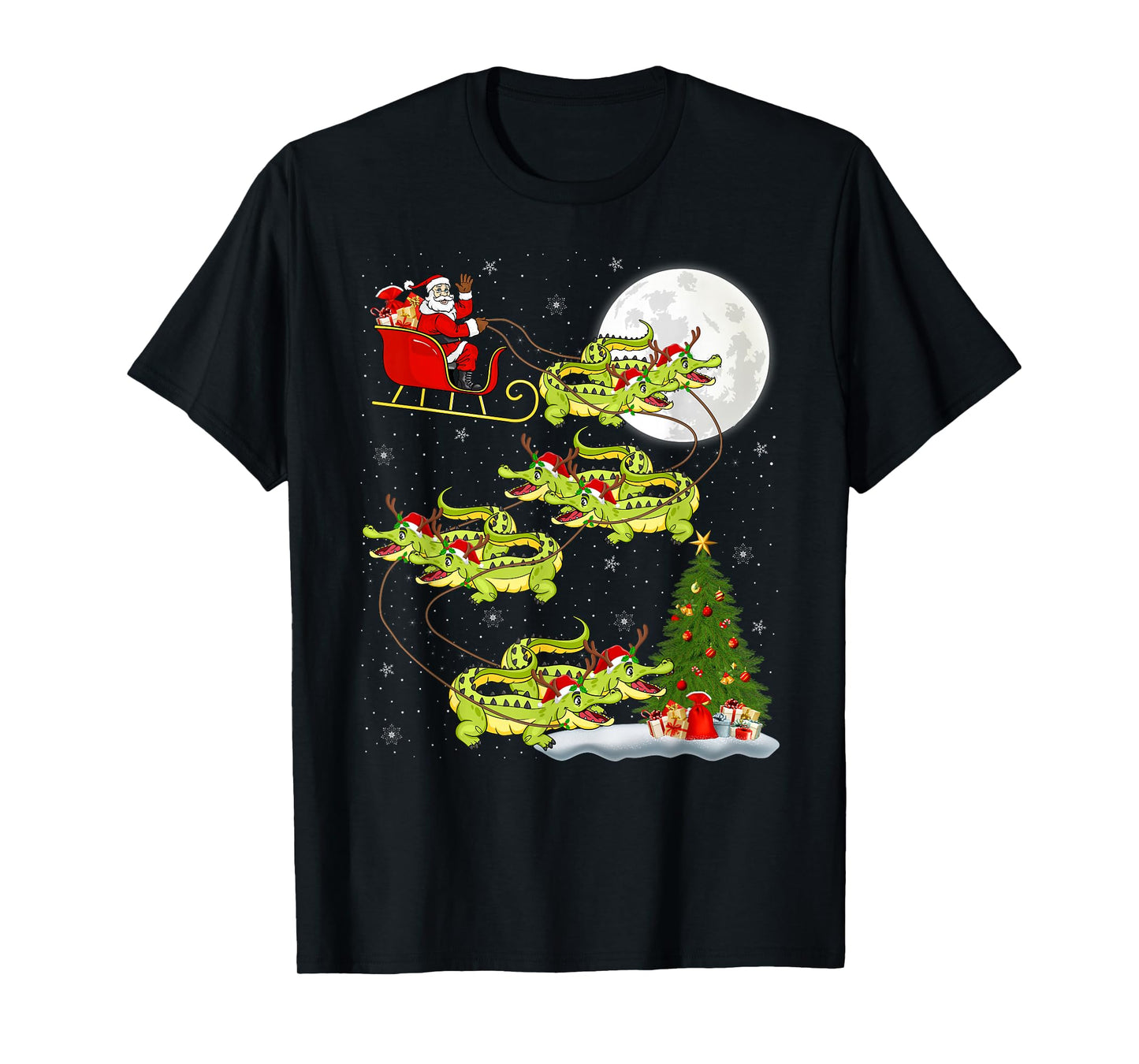 Crocodile Alligators Santa Sleigh Flying Funny Christmas T-Shirt