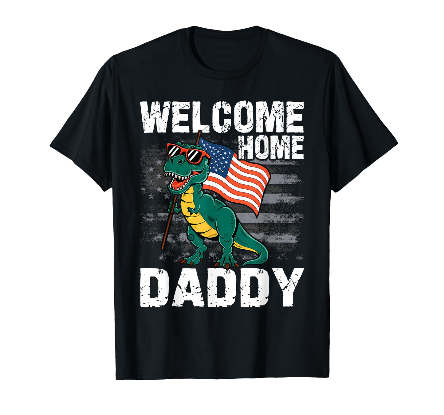 Kids Welcome Home Daddy Dinosaur T-Rex American Flag T-Shirt