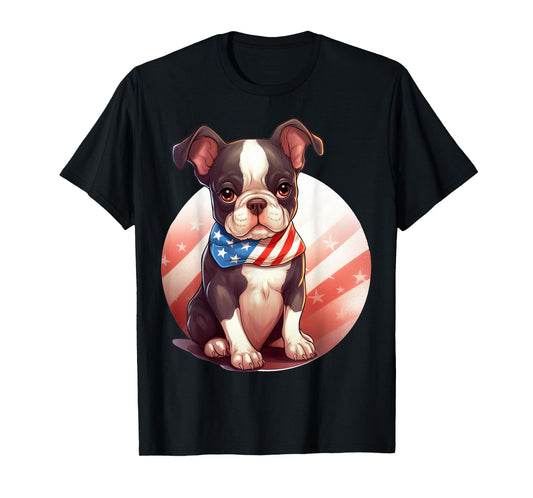 Brown Boston Terrier Puppy Dog American Flag 4th of July T-Shirt
