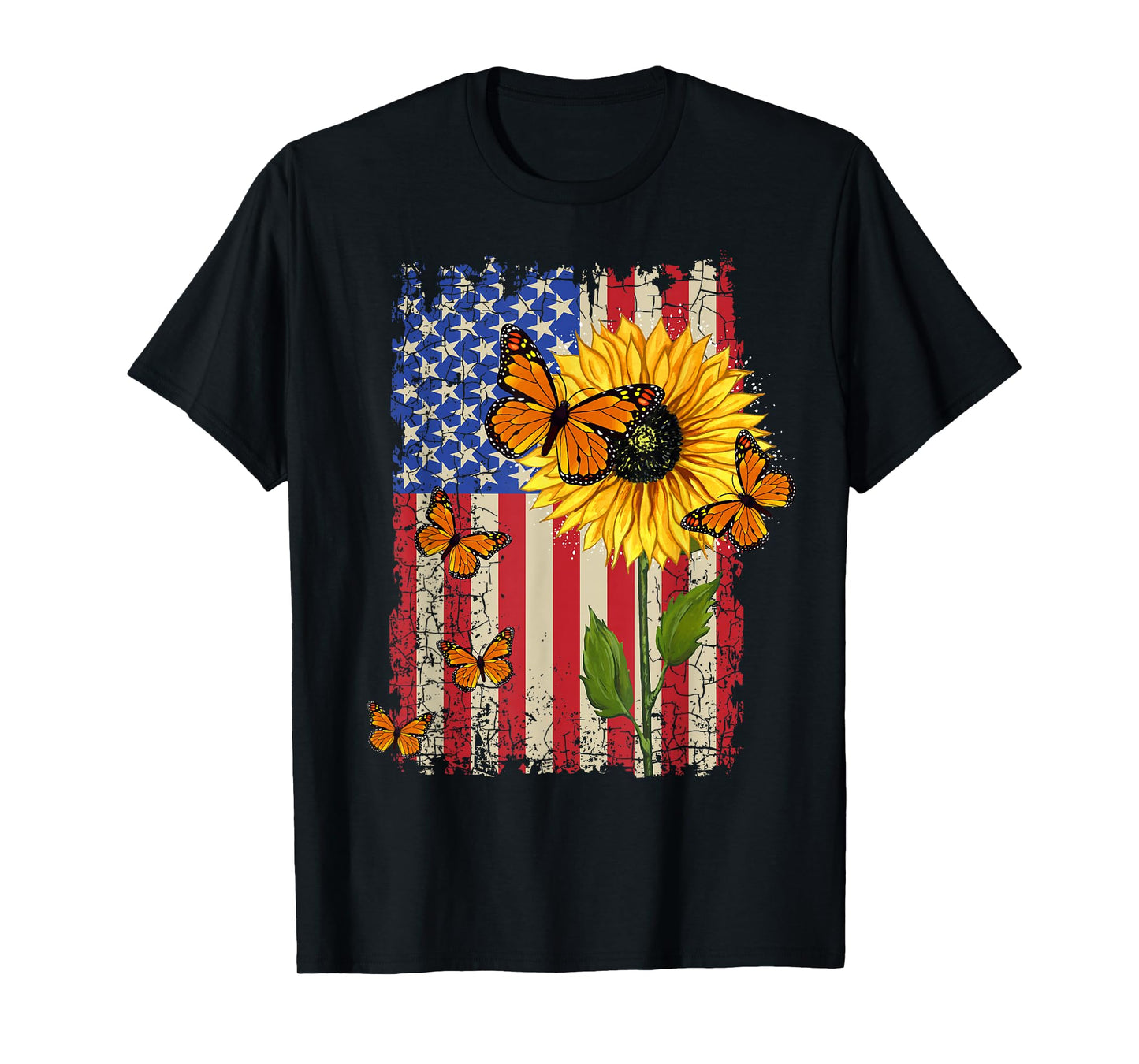 Sunflower Monarch Butterflies Patriotic American Flag Womens T-Shirt