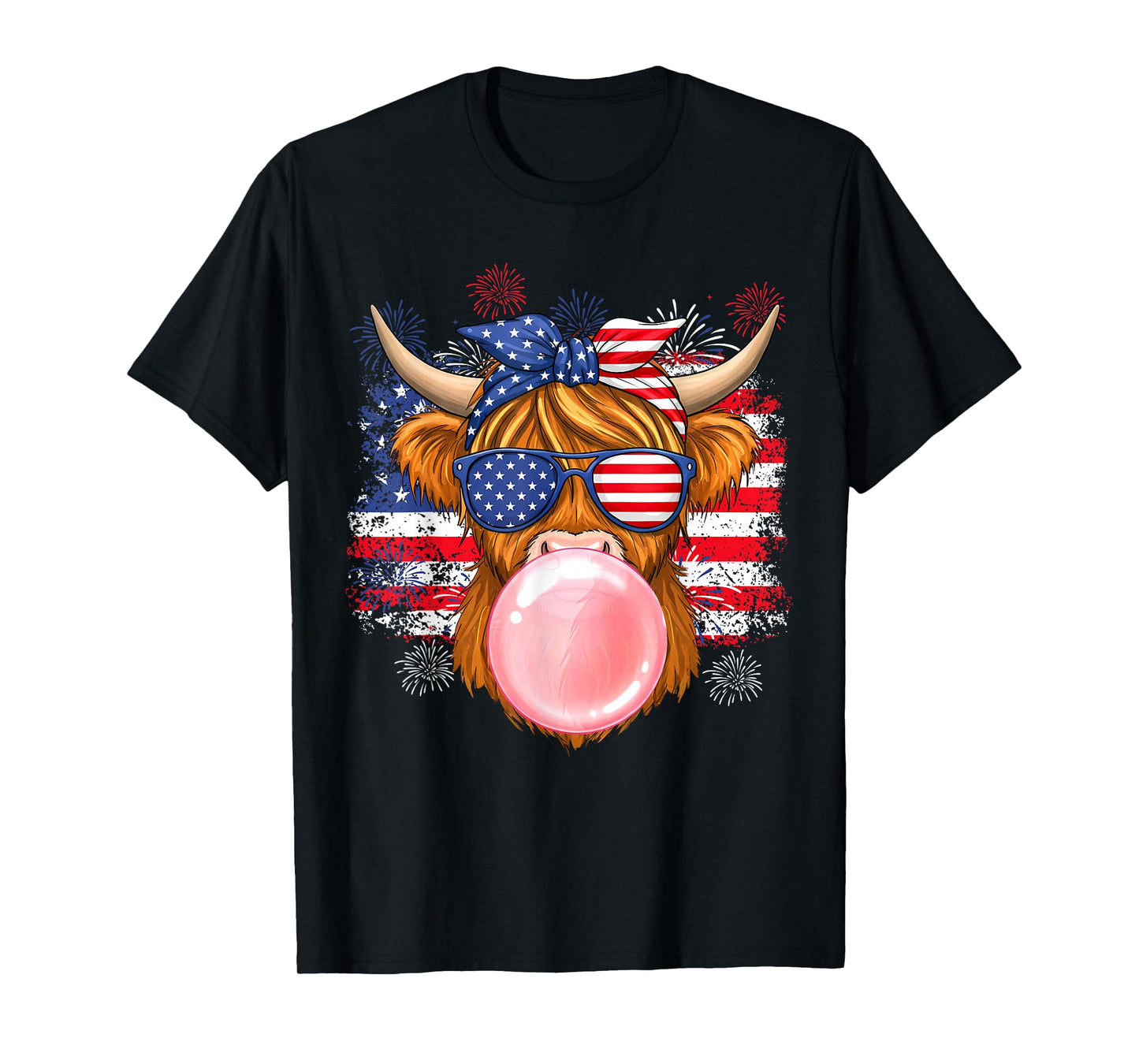 Cute Highland Cow 4th of July USA Flag Patriotic Cow Farmer T-Shirt