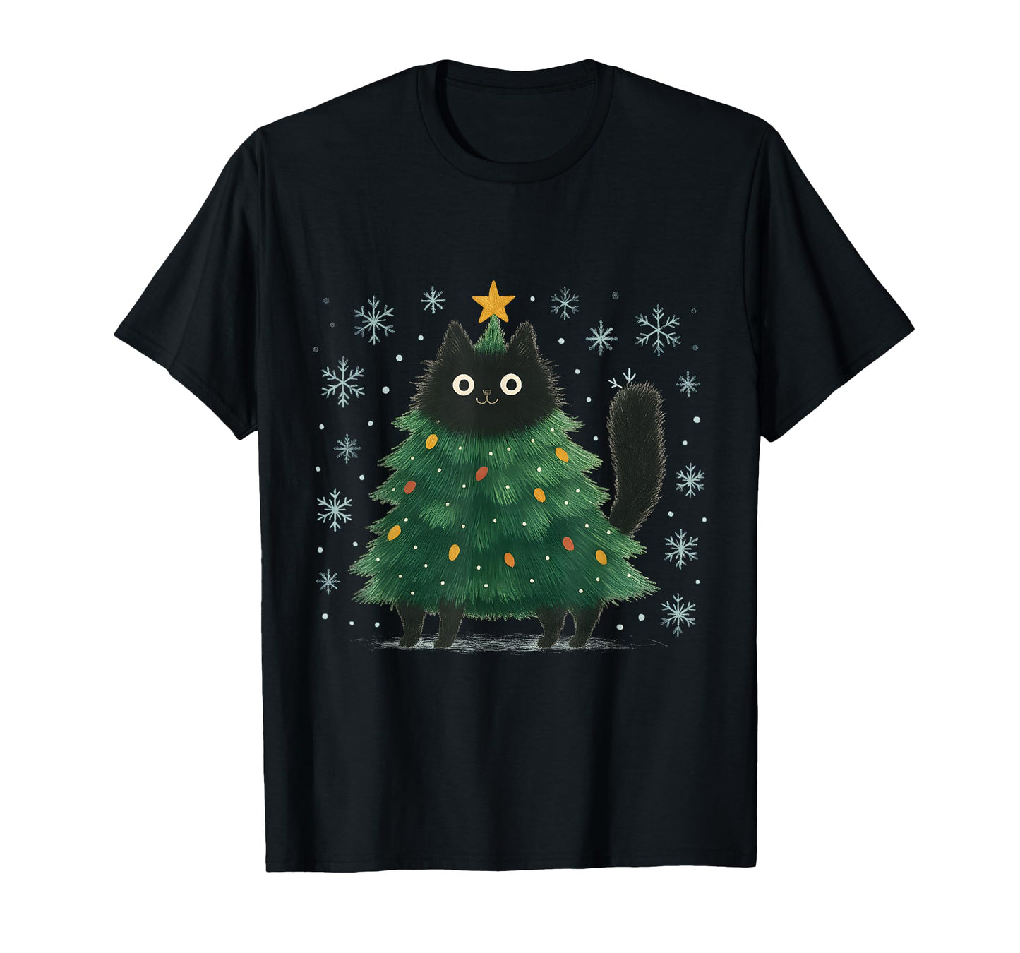 Cute Christmas Tree Cat Funny Holiday Snowflake T-Shirt
