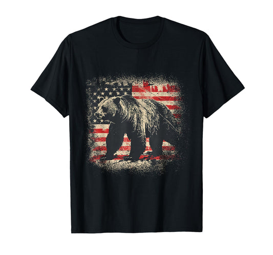 Vintage Grizzly Bear Distressed Patriotic American Flag T-Shirt