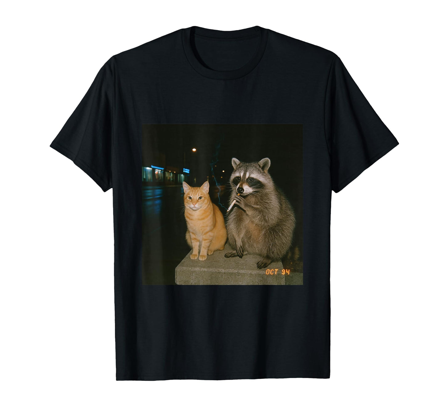 Vintage Raccoon Cat Smoking Aesthetic Night Photo 90s Vibe T-Shirt