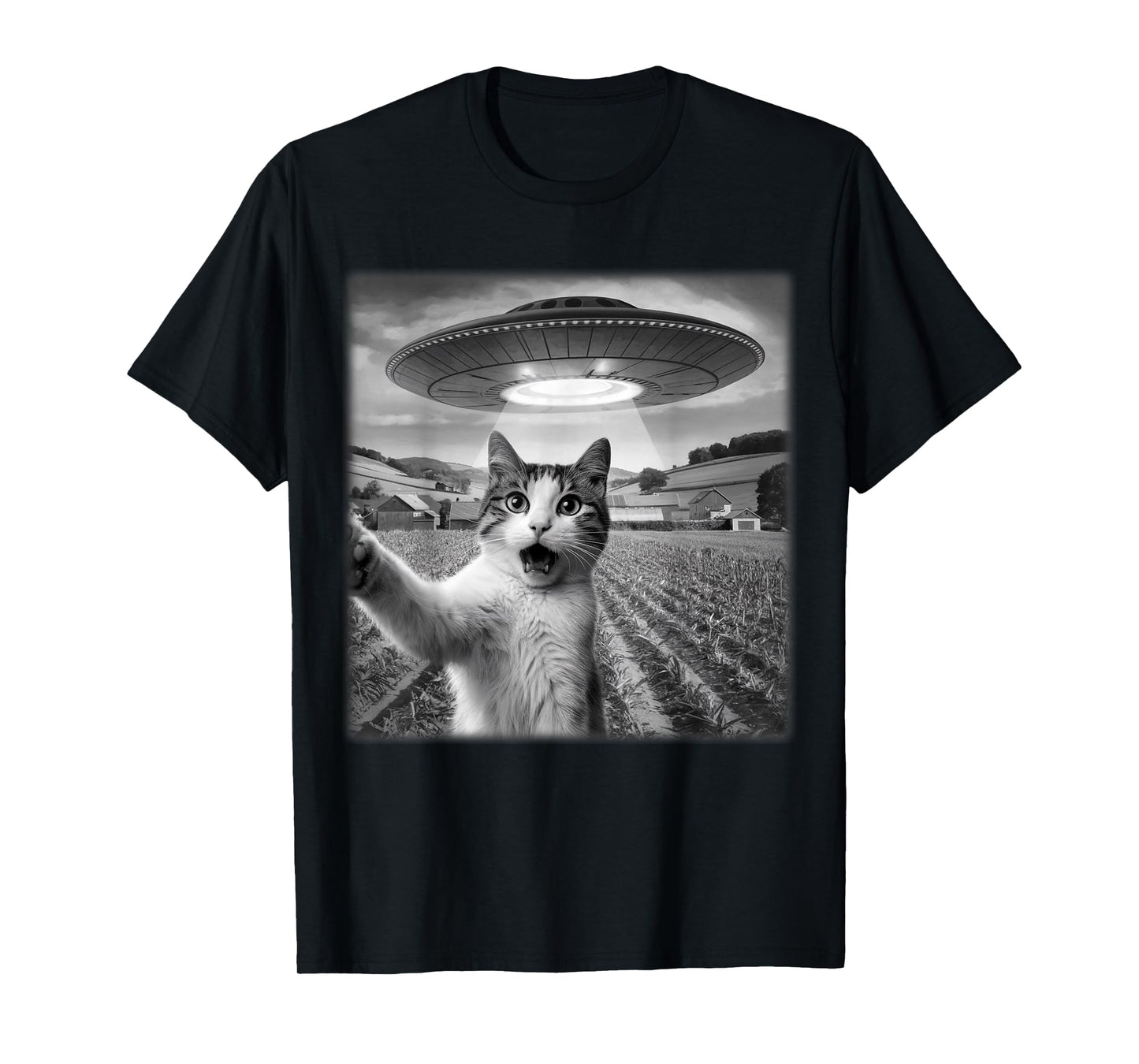 Cat Selfie With Alien UFO Funny Cat Meme For Men Women Kid T-Shirt