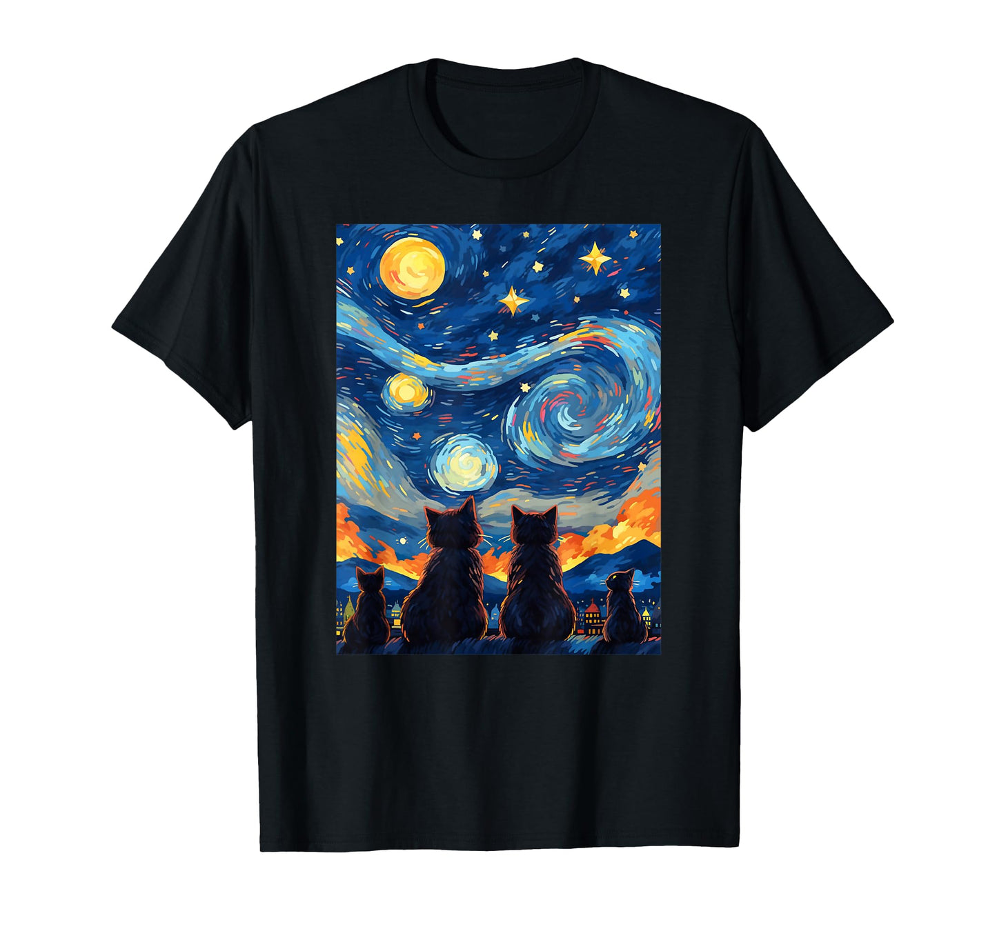 black cats Painting art Starry Night kitty kitten Van Gogh T-Shirt