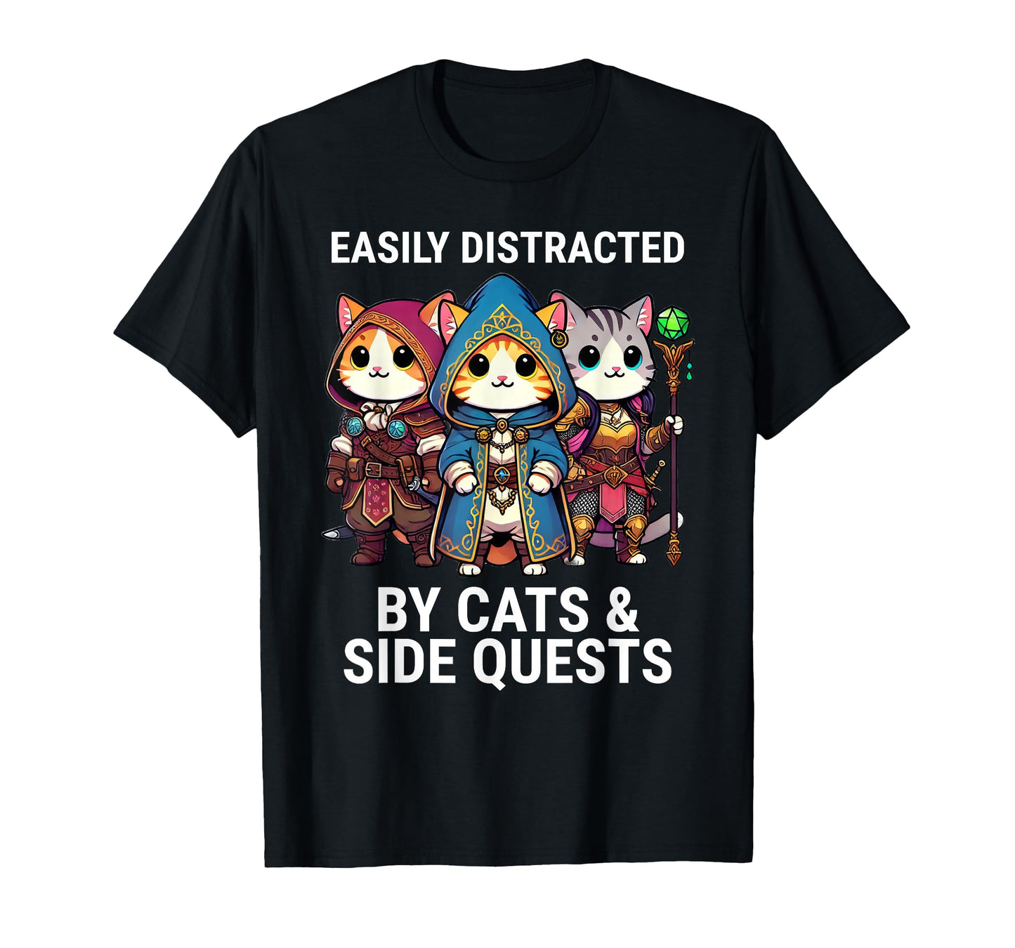 Easily Distracted By Cats And Side Quests Funny Video Gamer T-Shirt