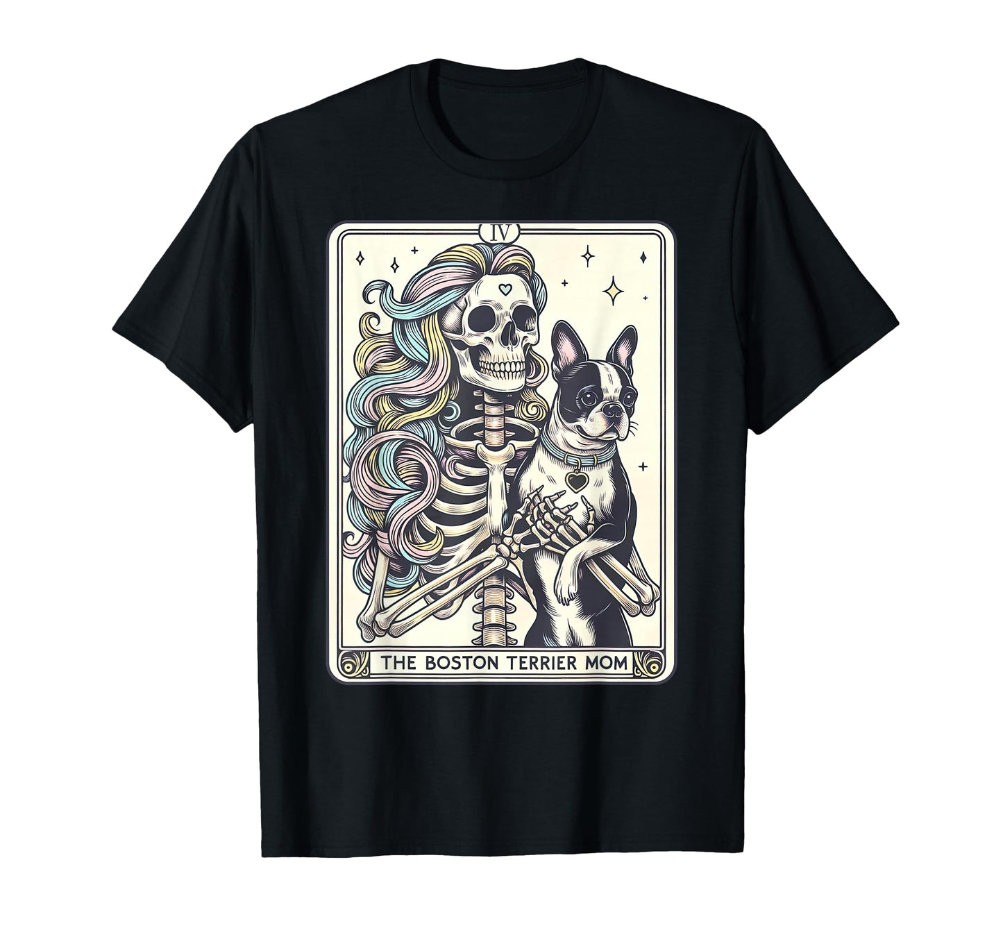 Retro Boston Terrier Mom Tarot Card Funny Skeleton Dog Mama T-Shirt