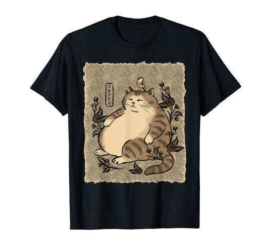 Chill Plump Cat Relaxing, Japanese Art T-Shirt