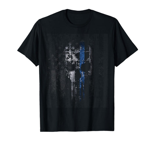 Police Thin Blue Line Support Gift USA Flag Skull T-Shirt