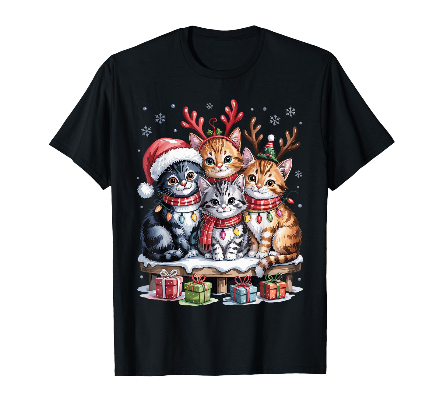 Cat Christmas Light Reindeer Santa Funny Xmas Pet Lover T-Shirt