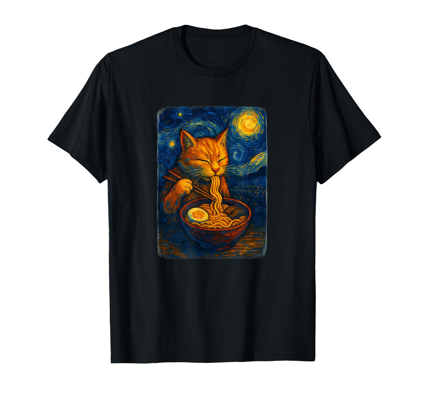 Red Tabby Cat Eating Ramen Starry Night T-Shirt