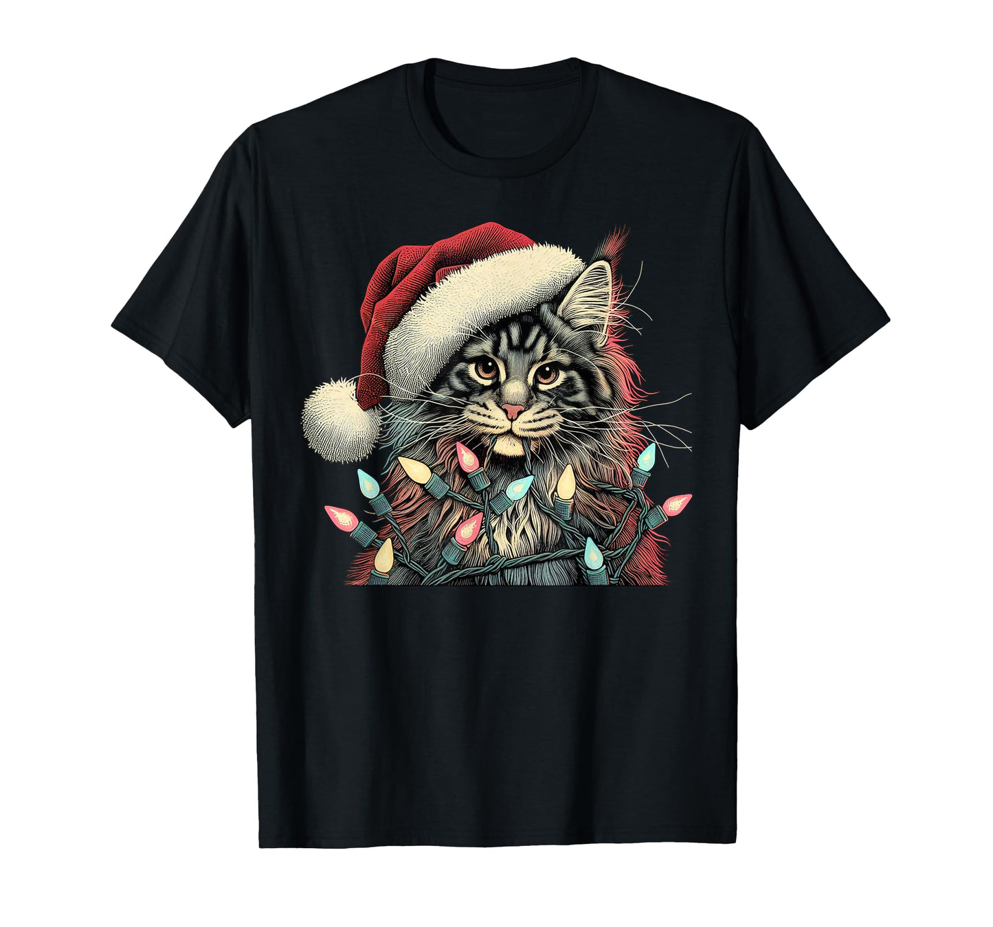 Maine Coon Cat Chew Christmas Light Xmas Holiday Funny Cute T-Shirt