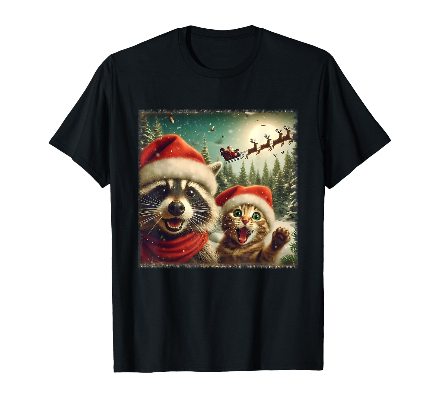 Funny Raccoon Cat Selfie With Santa's Sleigh Weird Christmas Men Women Kids T-Shirt