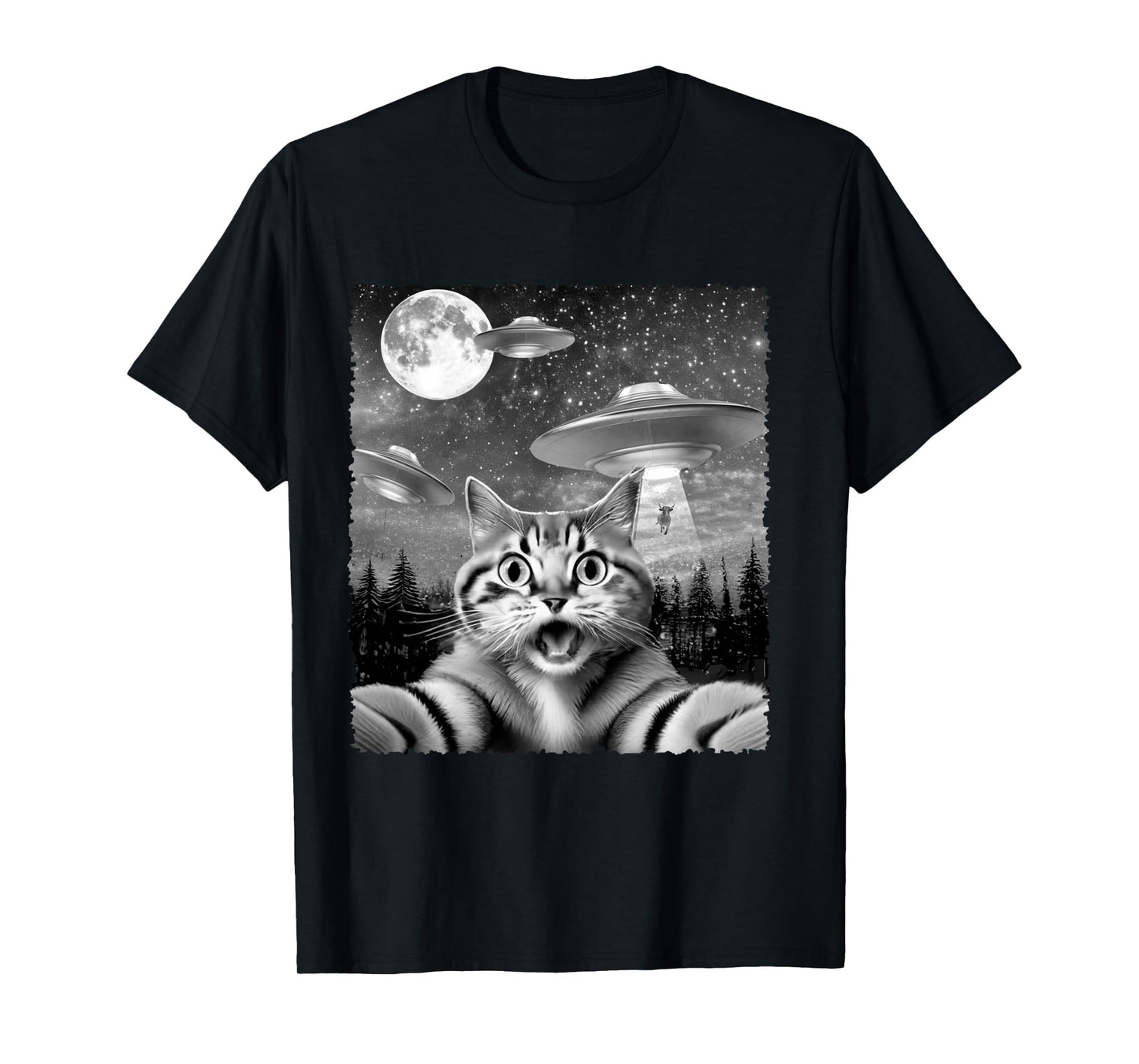 Funny Alien Cat Selfie with UFOs Gift Idea Men Women Kids Long Sleeve T-Shirt
